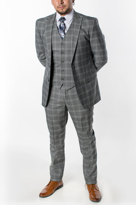 3 Piece Plaid Suit - Grey (230606)