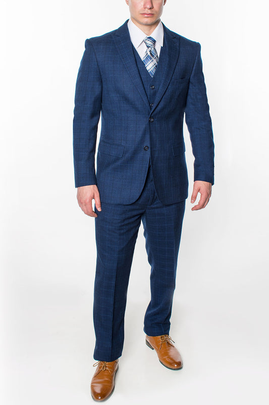 3 Piece Plaid Suit - Navy (150202)