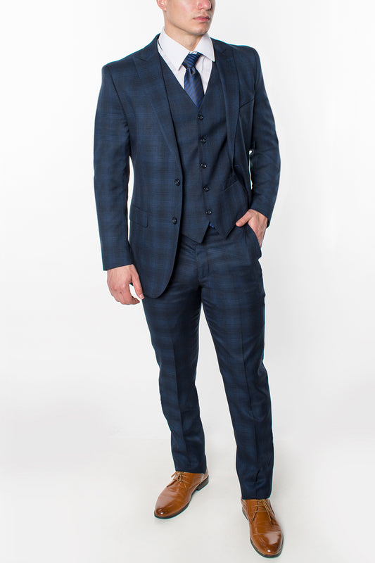 3 Piece Plaid Suit - Navy (650602)