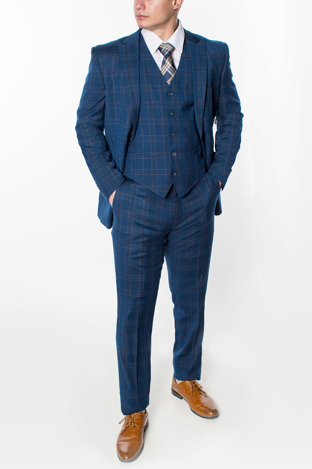 3 Piece Plaid Suit - Midnight Blue (870302)