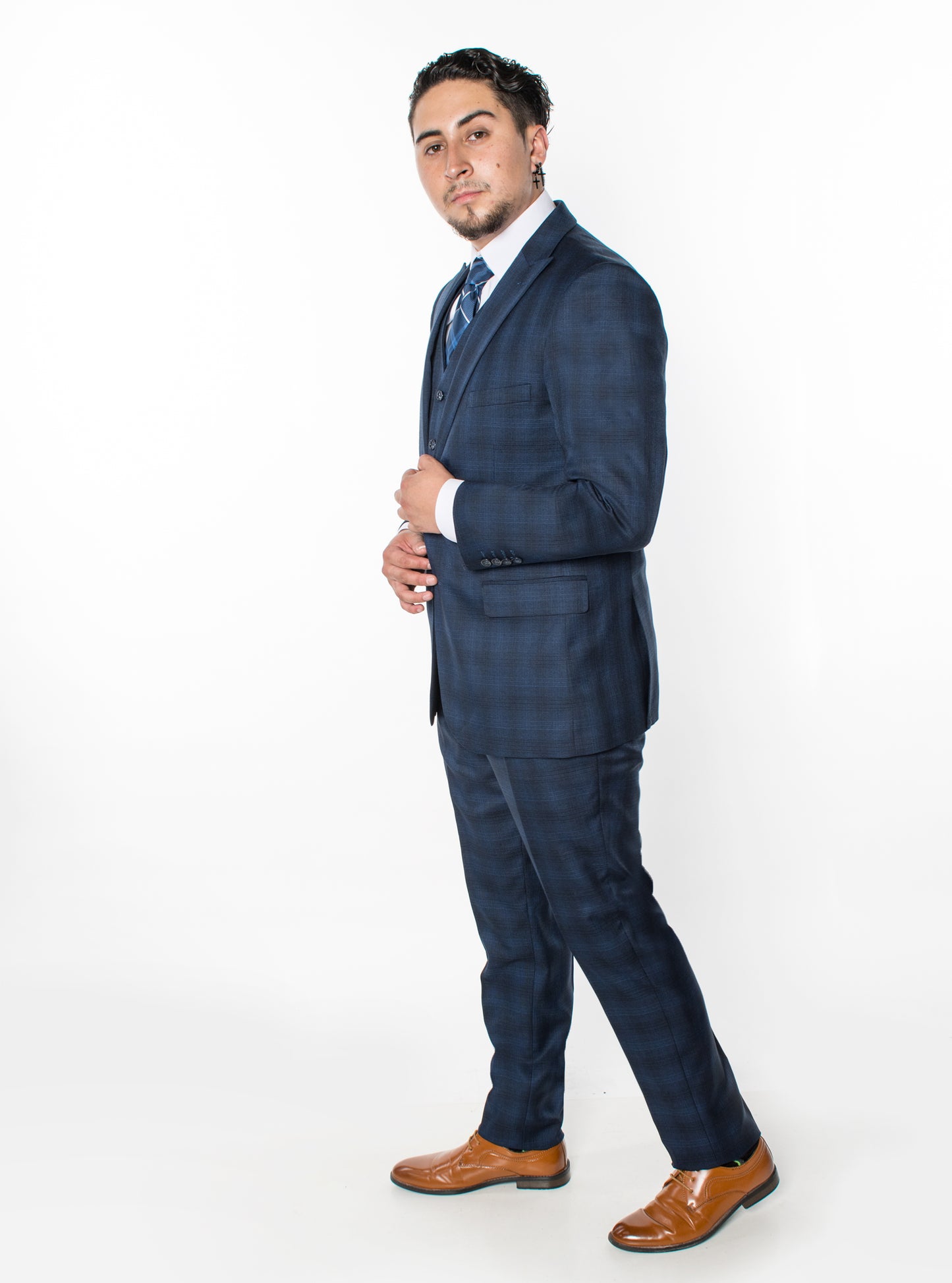 3 Piece Plaid Suit - Navy (650602)