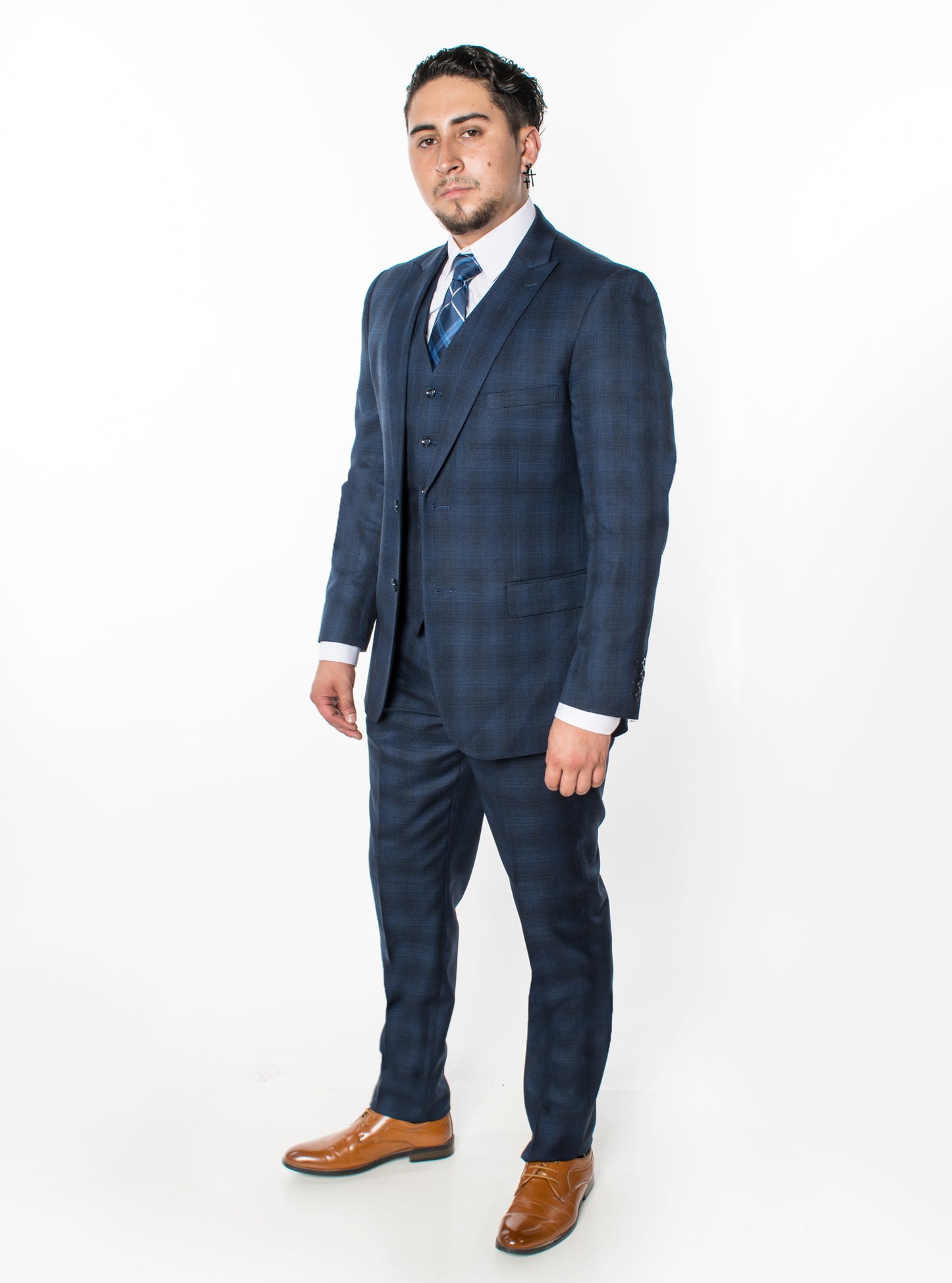 3 Piece Plaid Suit - Navy (650602)