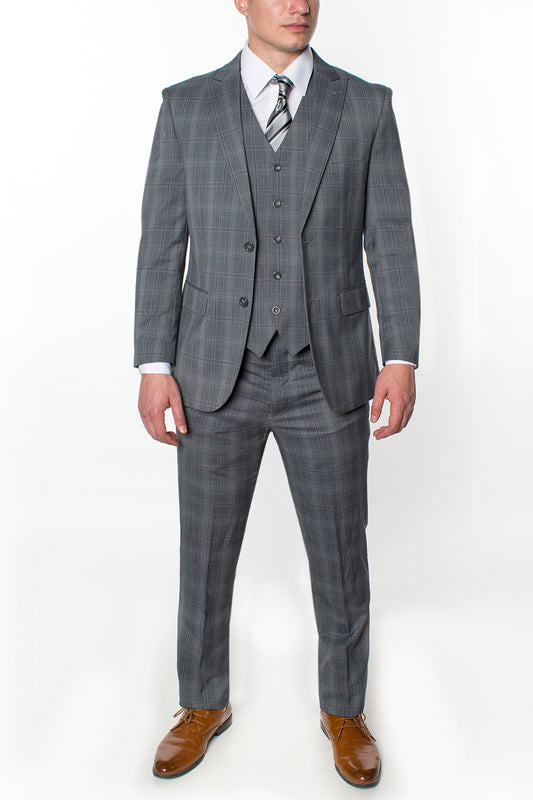 3 Piece Plaid Suit - Grey (600905)