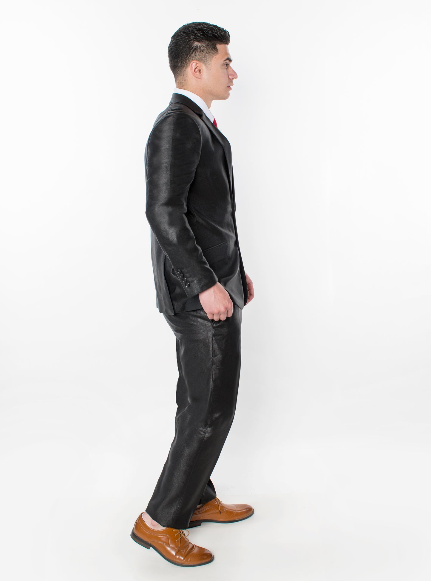 3 Piece Textured Suit - Shiny Black (040801)