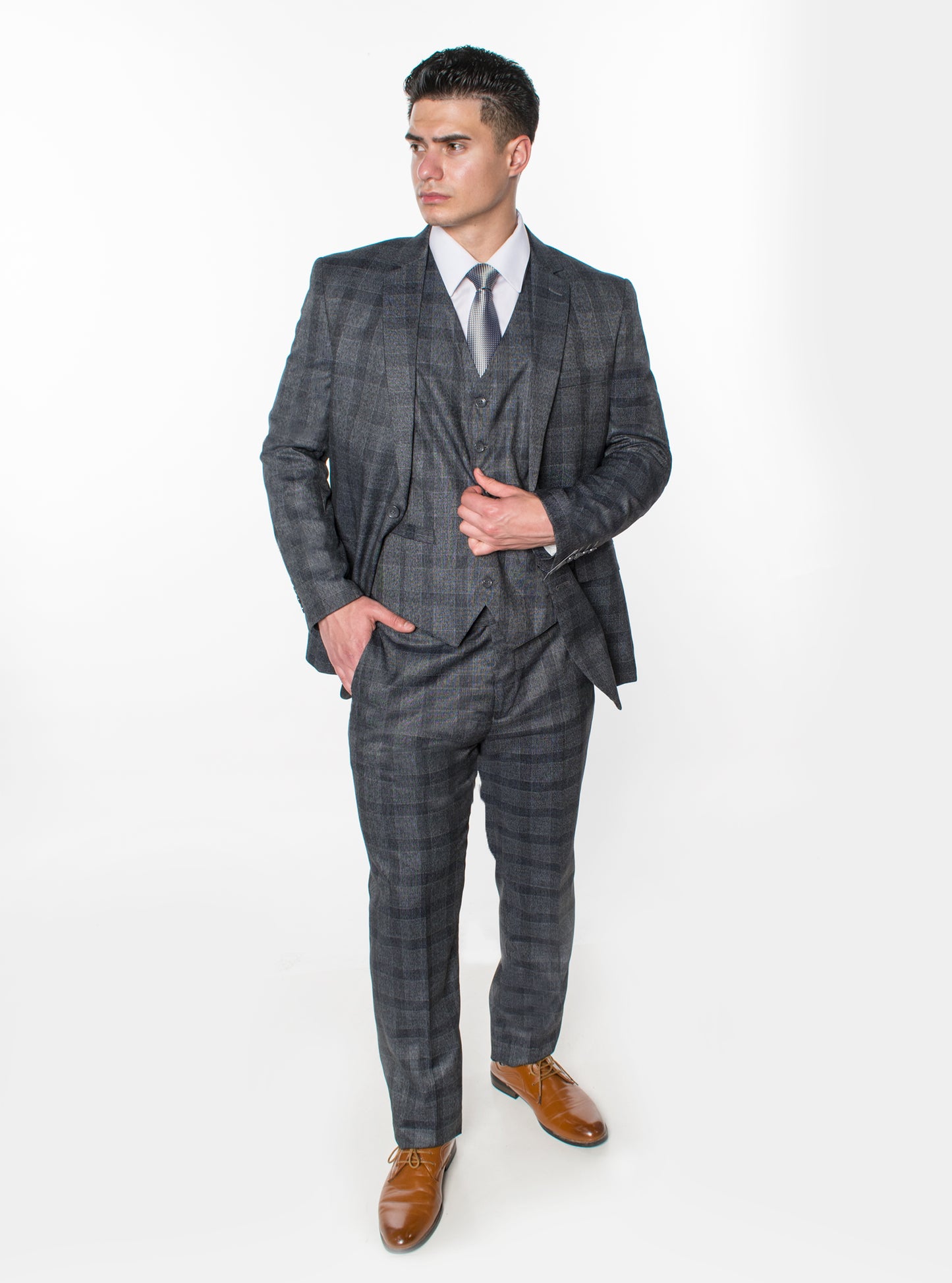 3 Piece Plaid Suit - Grey (615302)