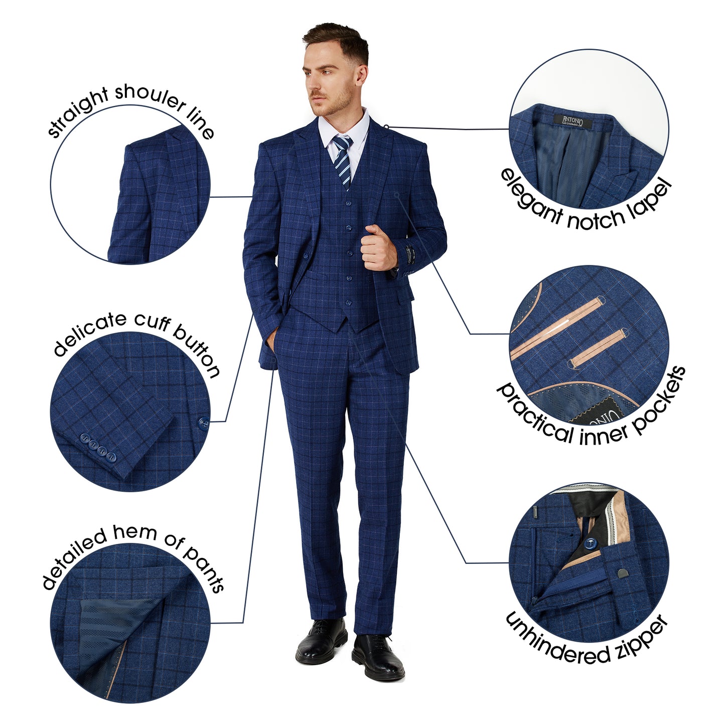 3 Piece Plaid Suit - French Blue (150208)