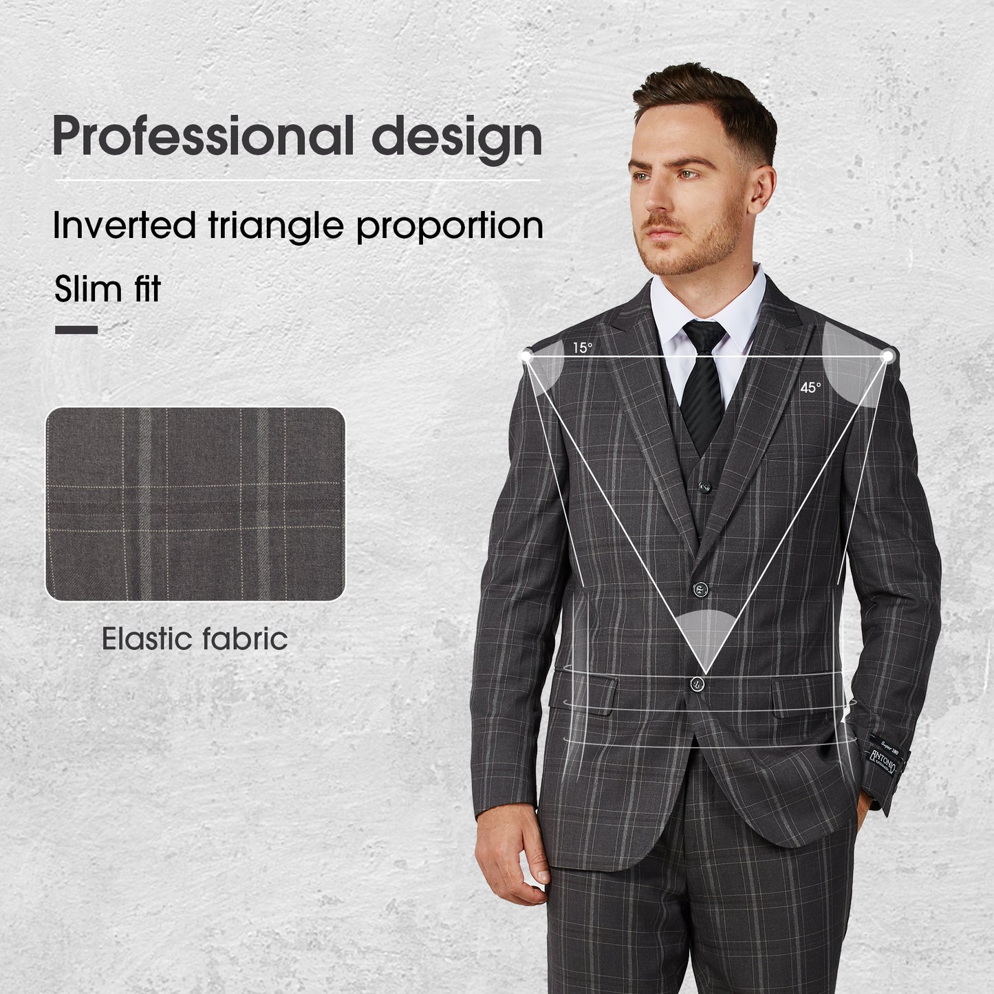 3 Piece Plaid Suit - Grey (600905)