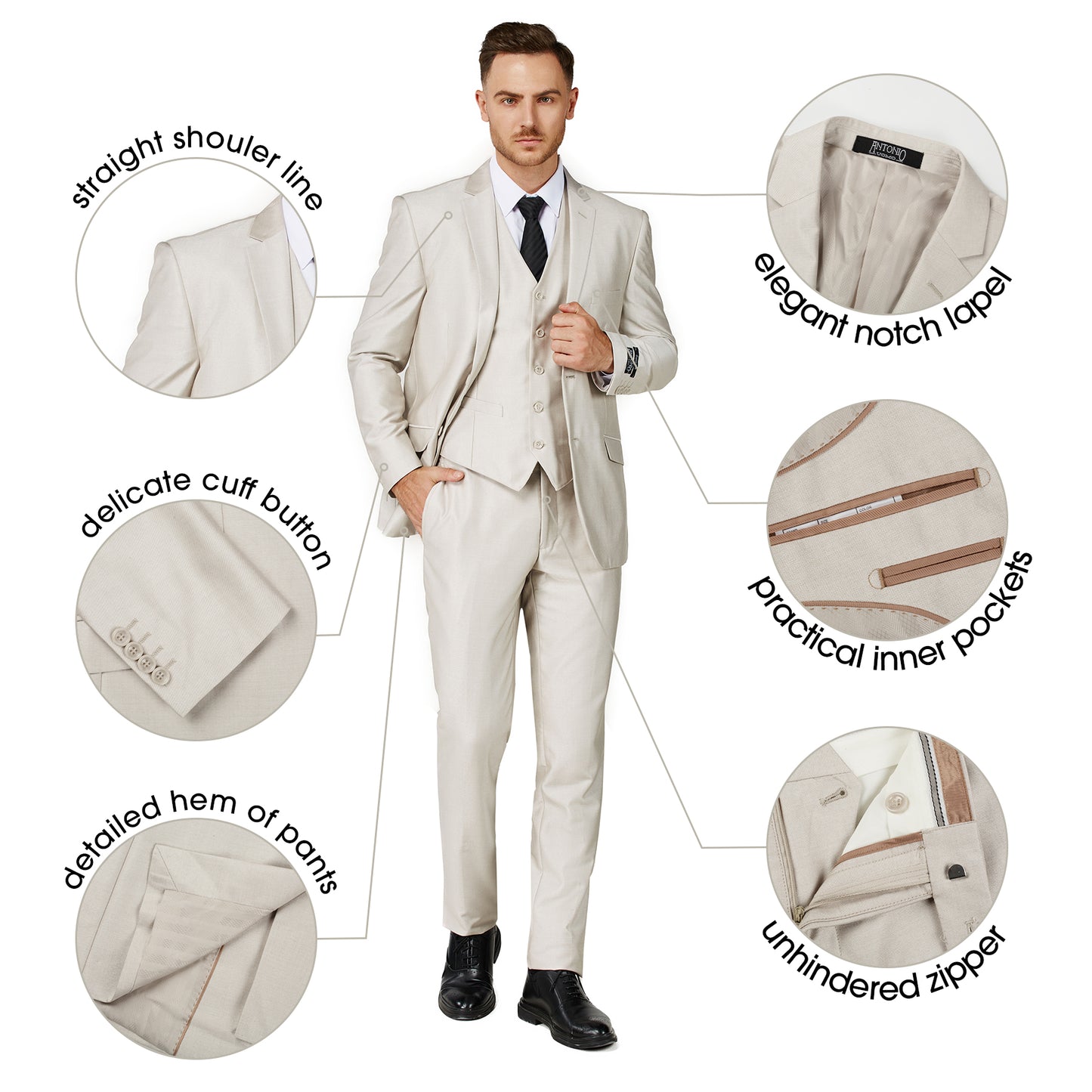 3 Piece Textured Suit - Beige (188907)