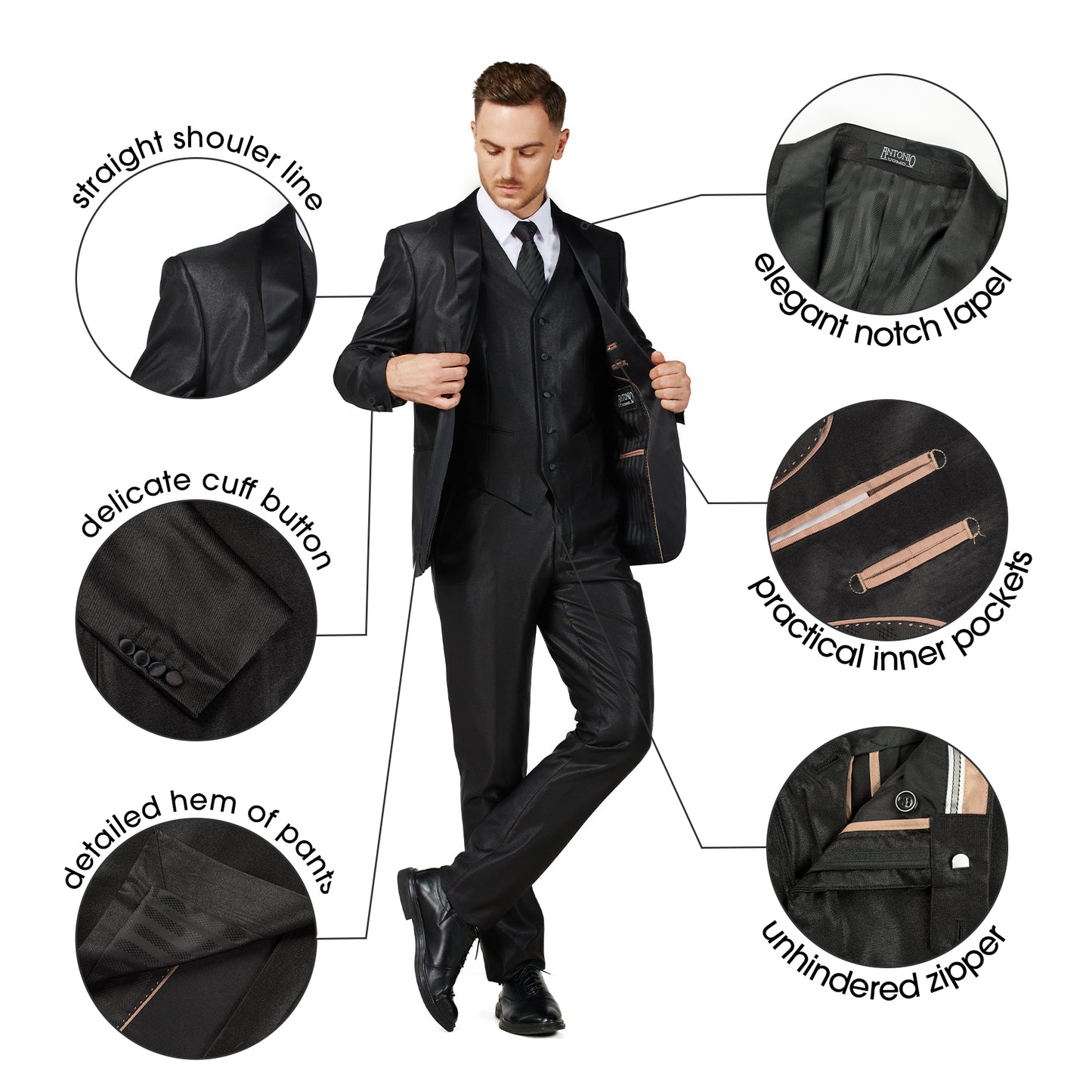 3 Piece Slim Fit Tuxedo - Shiny Black (1040801)