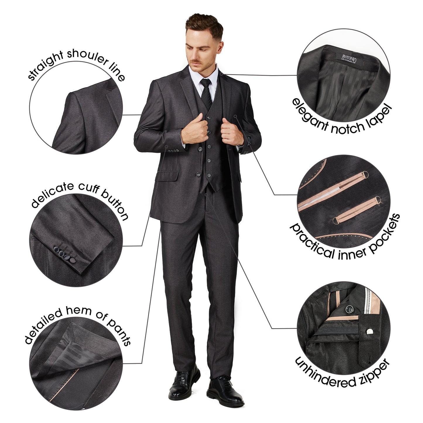 3 Piece Textured Suit - Charcoal (230305)