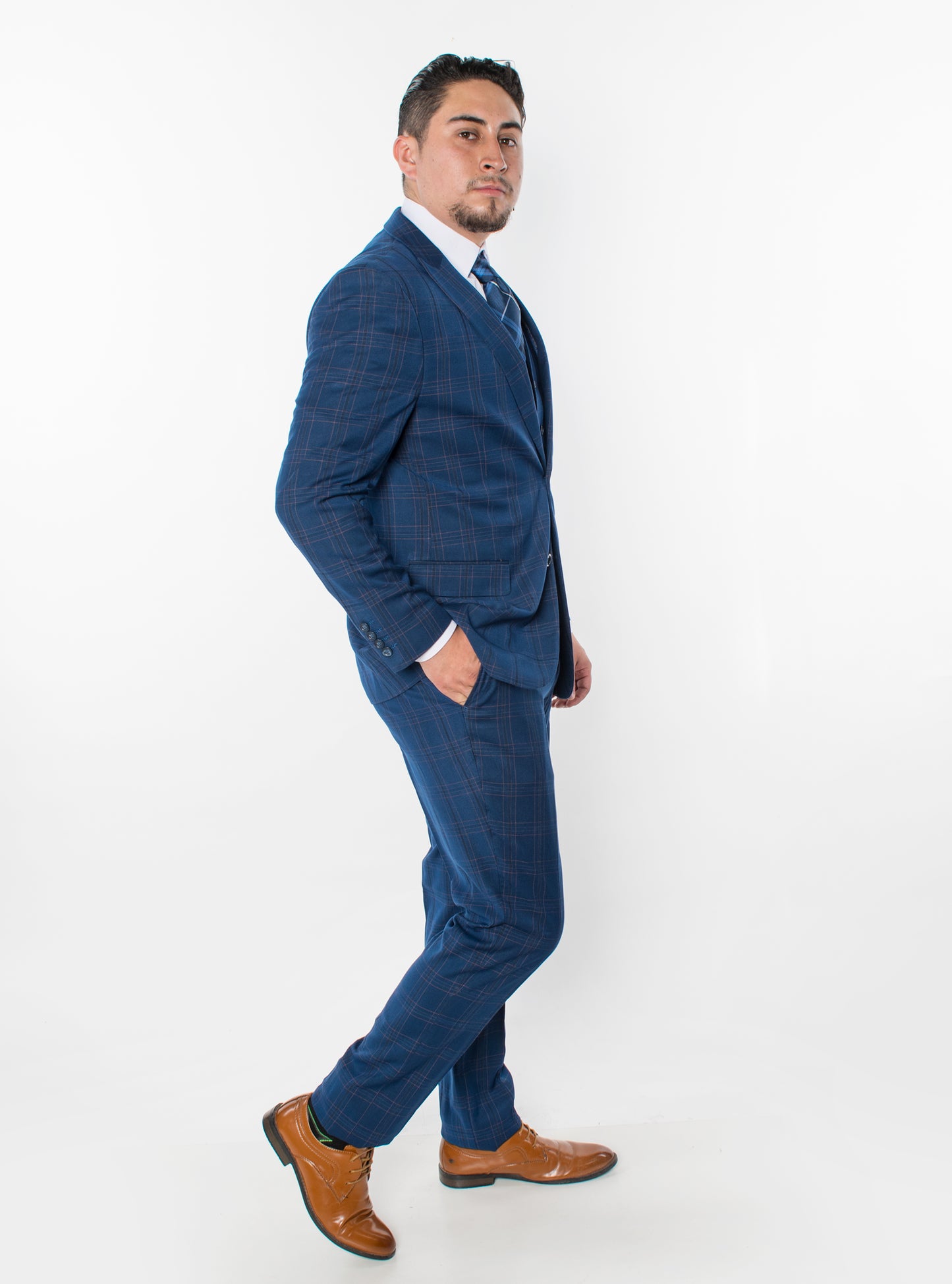 3 Piece Plaid Suit - Midnight Blue (870302)