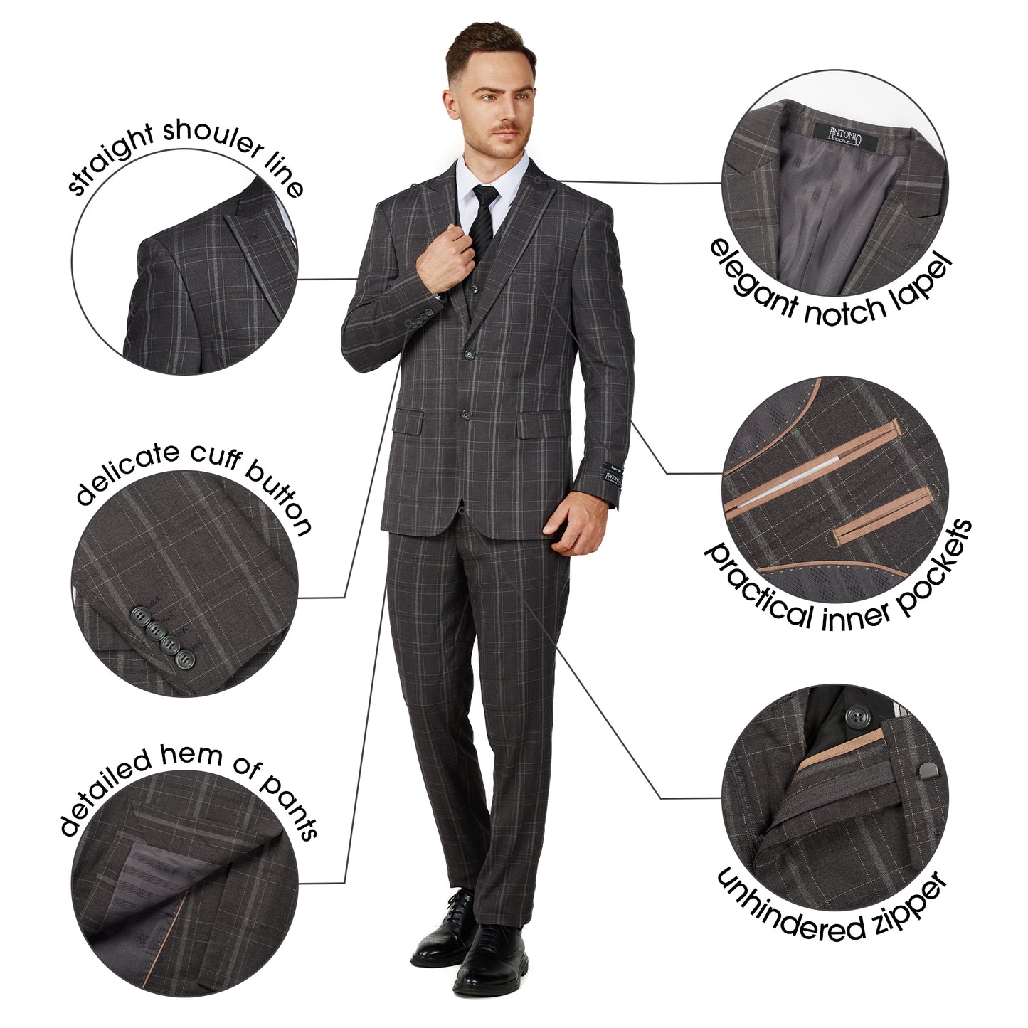 3 Piece Plaid Suit - Grey (230606)