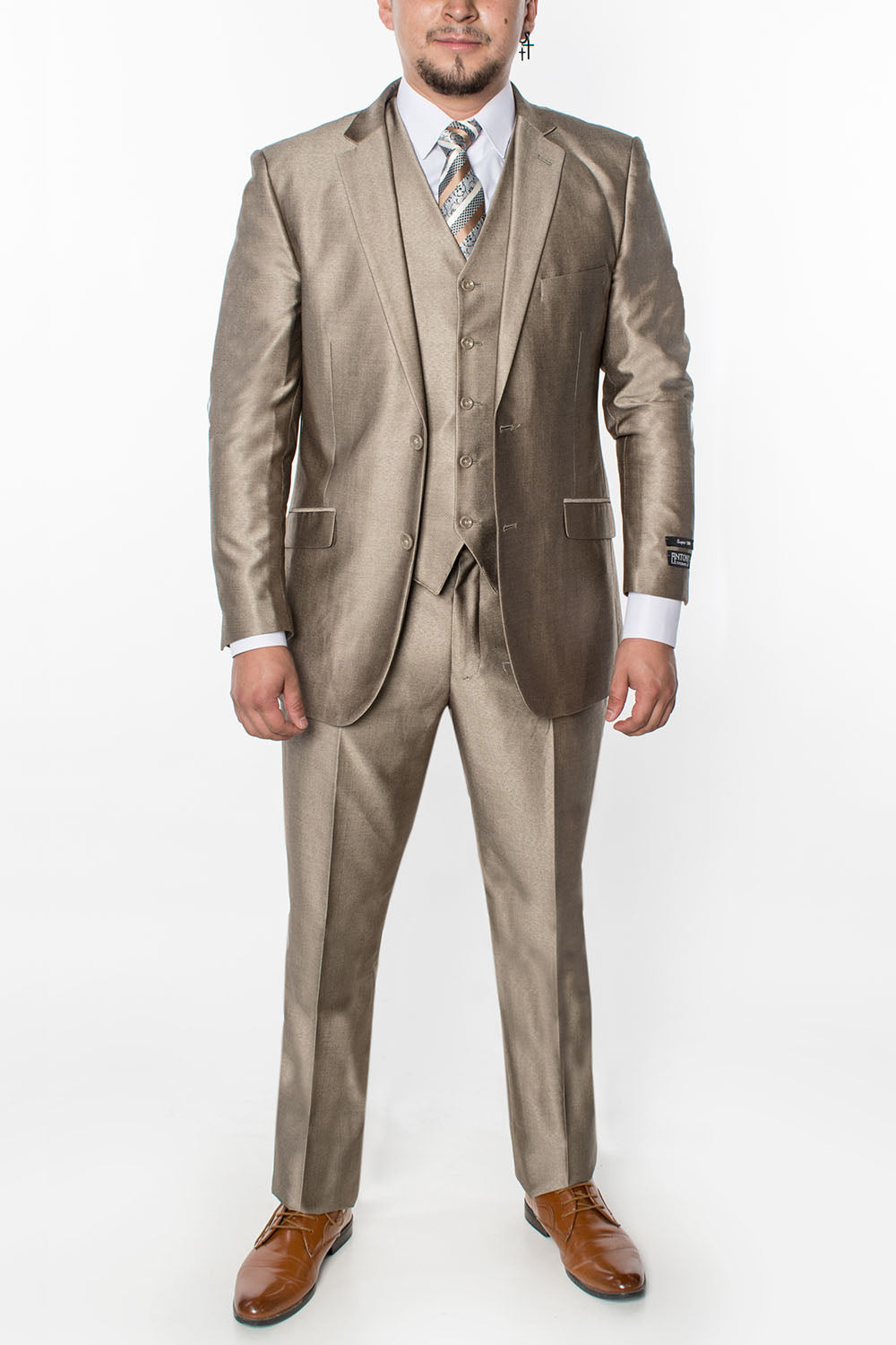 3 Piece Textured Suit - Shiny Beige (188912)