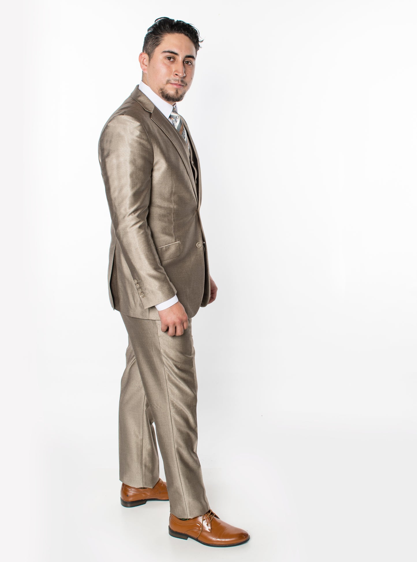 3 Piece Textured Suit - Shiny Beige (188912)