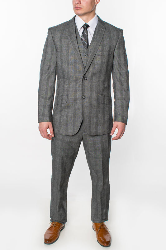 3 Piece Plaid Suit - Grey (615006)