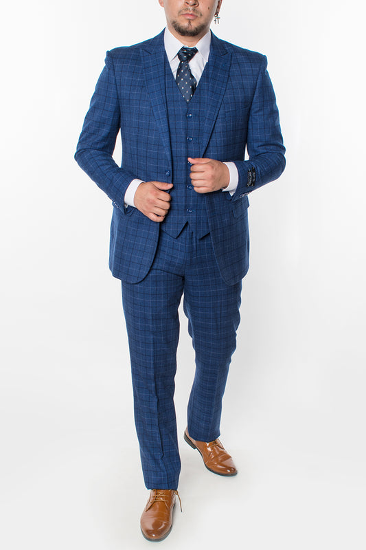 3 Piece Plaid Suit - French Blue (150208)