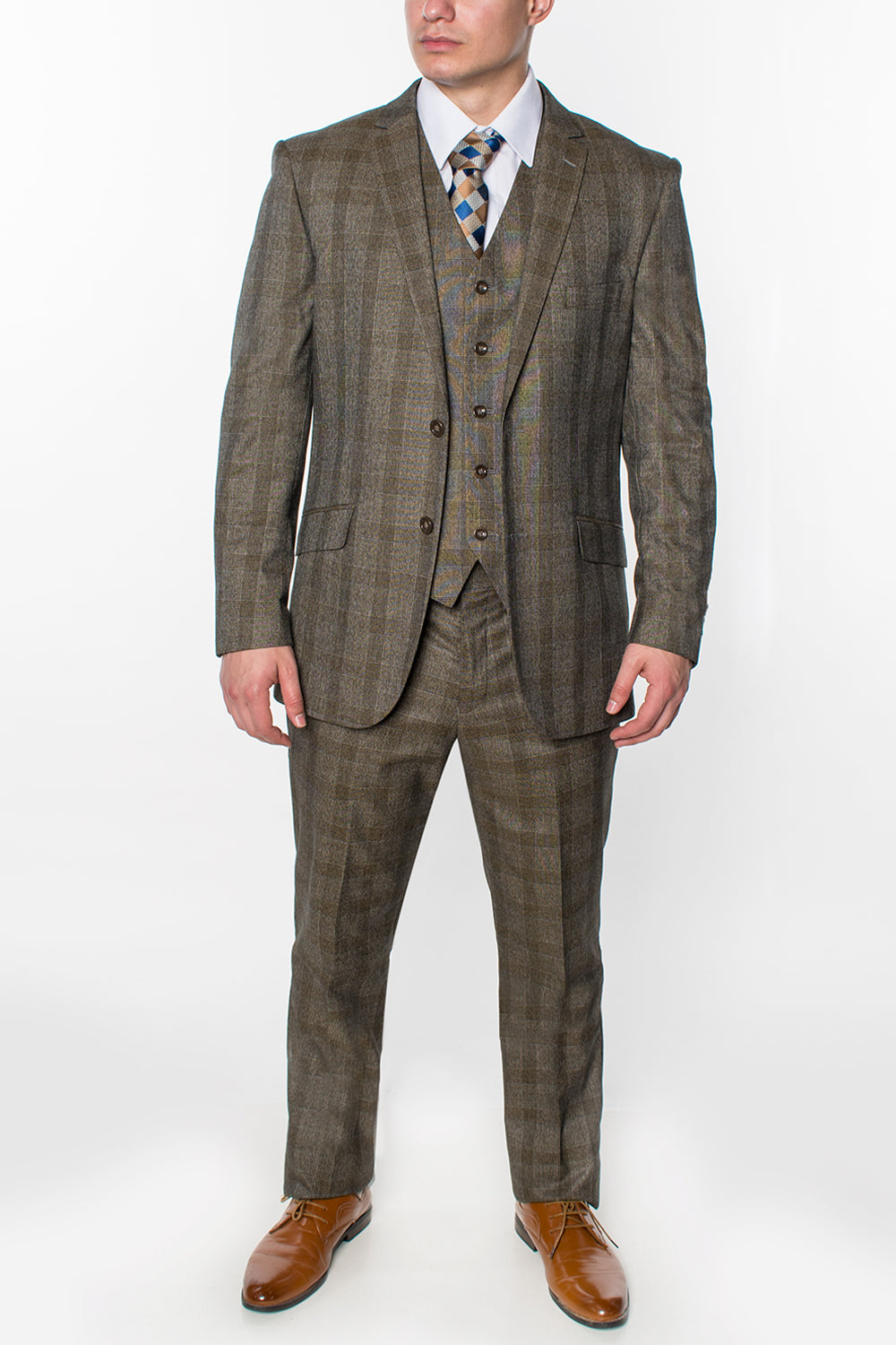 3 Piece Plaid Suit - Brown (615112)