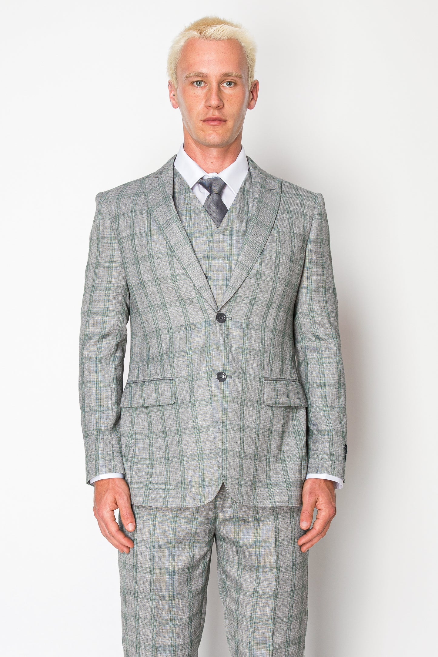 3 Piece Plaid Suit - Grey (108106)