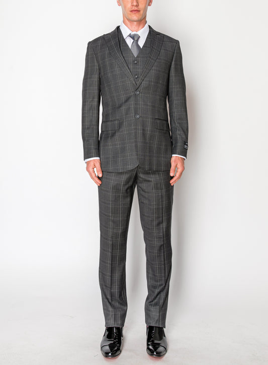 3 Piece Plaid Suit - Charcoal (870305)