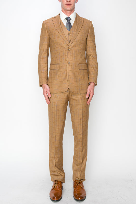 3 Piece Plaid Suit - Brown (150212)