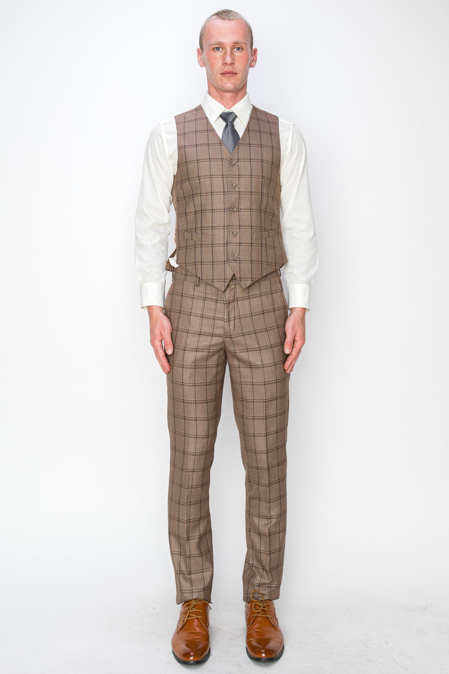 3 Piece Plaid Suit - Brown (072712)