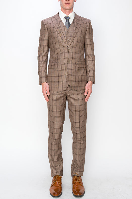 3 Piece Plaid Suit - Brown (072712)