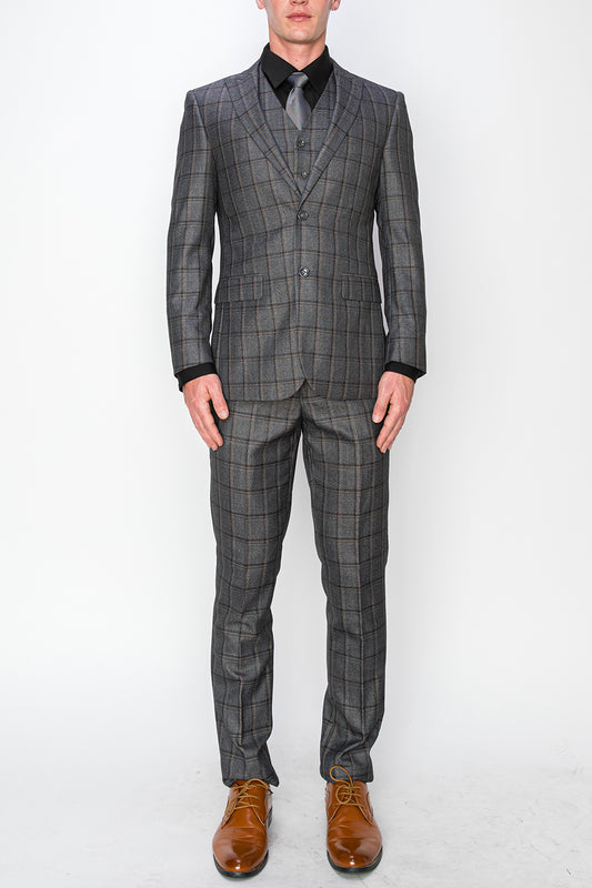 3 Piece Plaid Suit - Charcoal (072705)