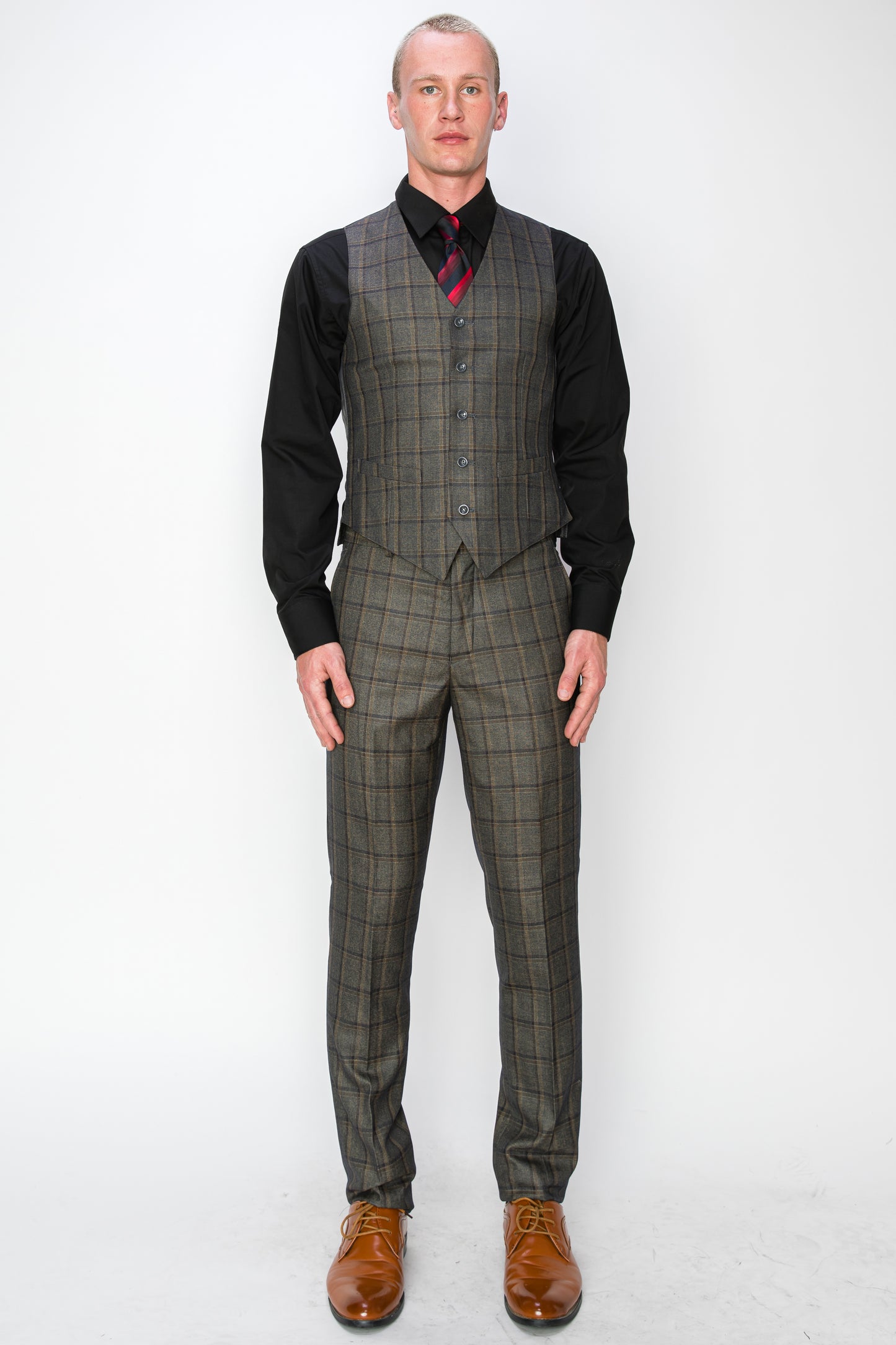 3 Piece Plaid Suit - Beige (072707)