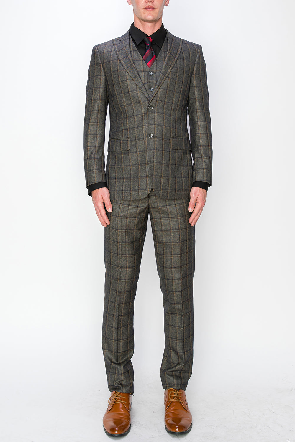 3 Piece Plaid Suit - Beige (072707)