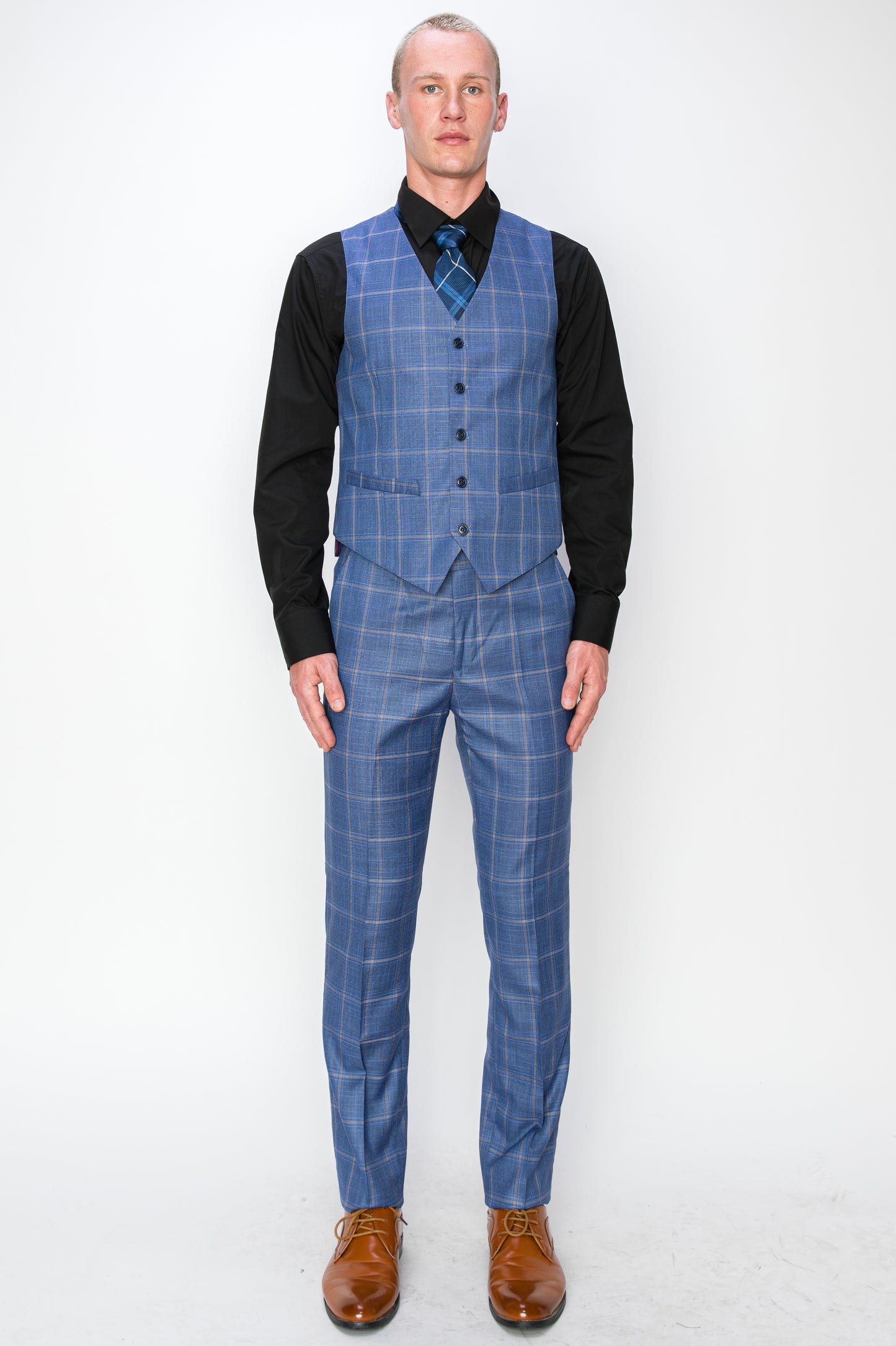 3 Piece Plaid Suit - Blue (121504)