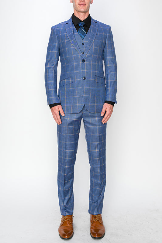 3 Piece Plaid Suit - Blue (121504)