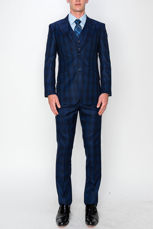 3 Piece Plaid Suit - Blue (550004)