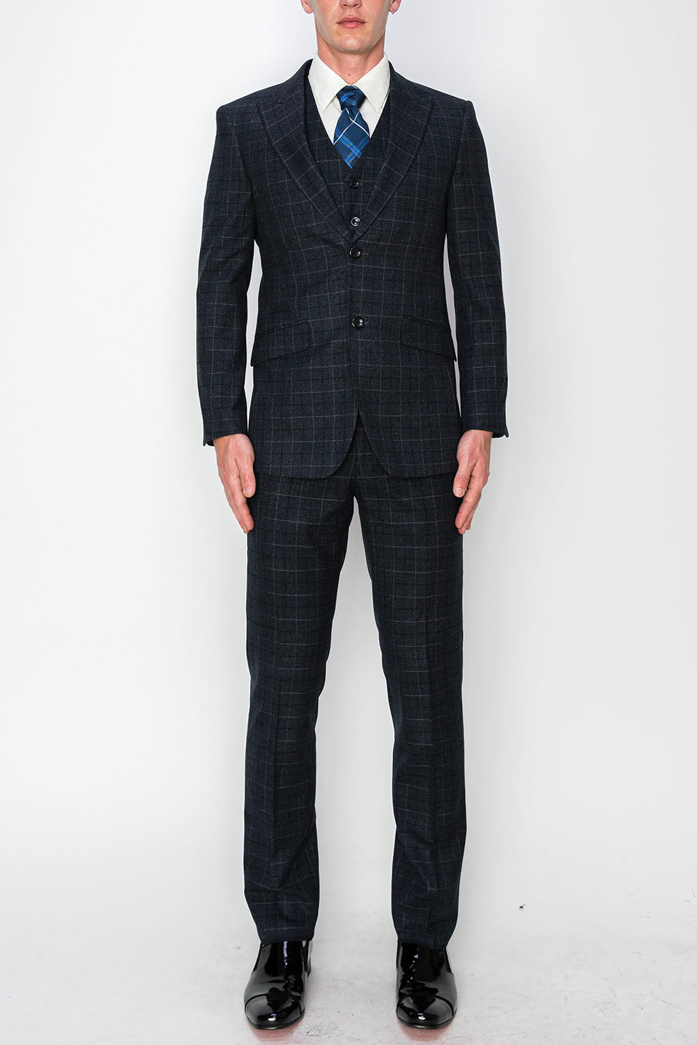 3 Piece Plaid Suit - Black (150201)