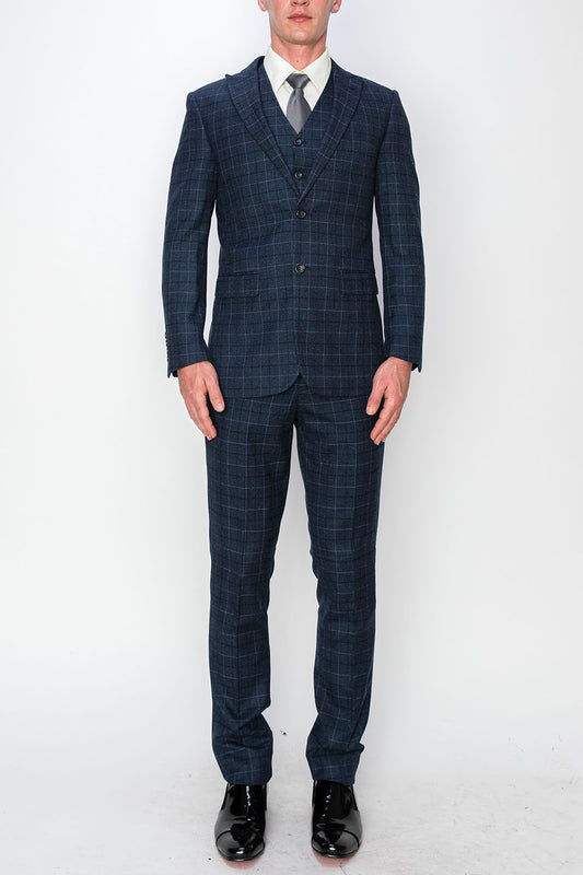 3 Piece Plaid Suit - Indigo Blue (150205)