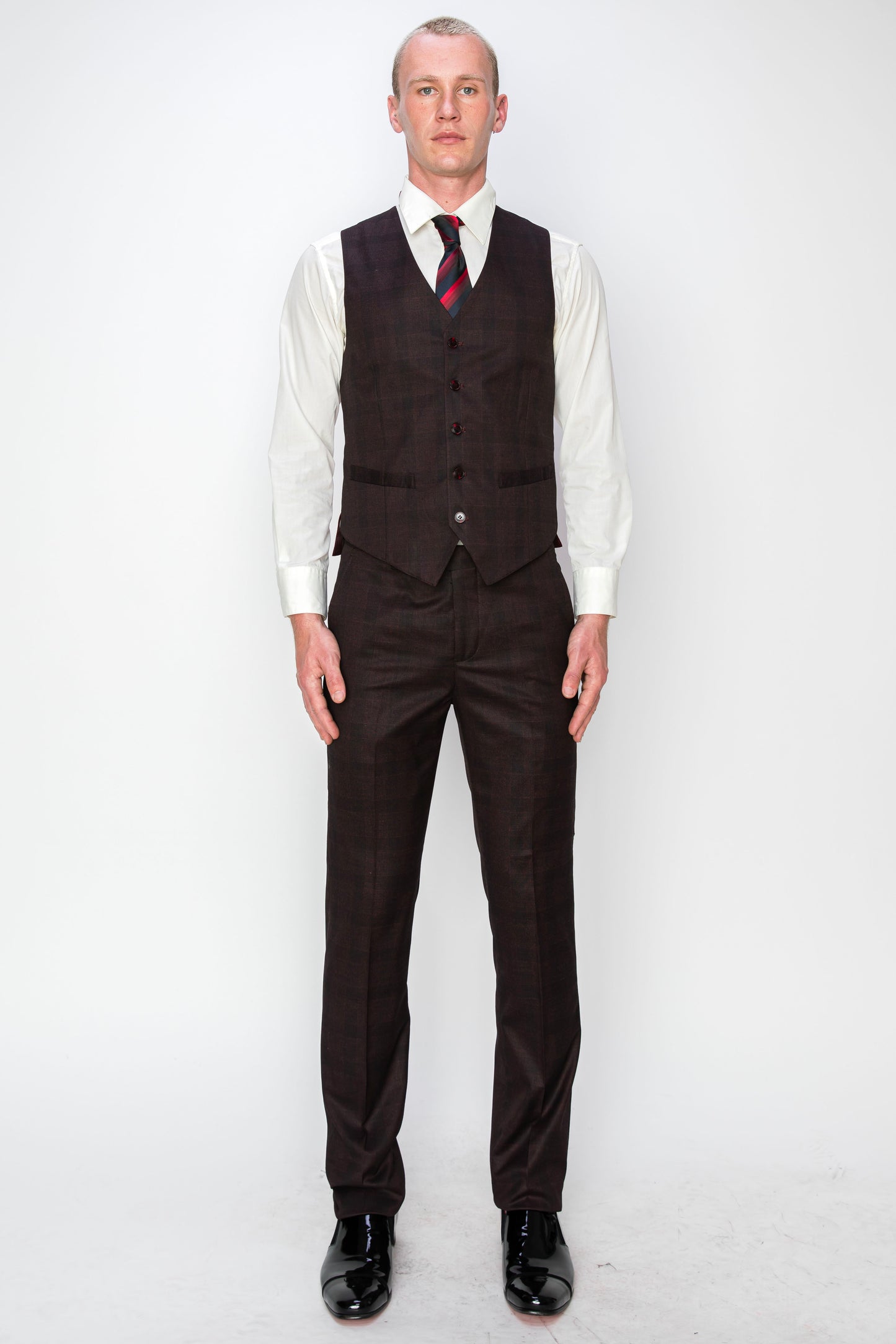 3 Piece Plaid Suit - Burgundy (615210)