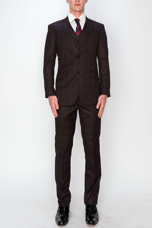 3 Piece Plaid Suit - Burgundy (615210)