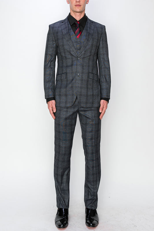 3 Piece Plaid Suit - Grey (615302)