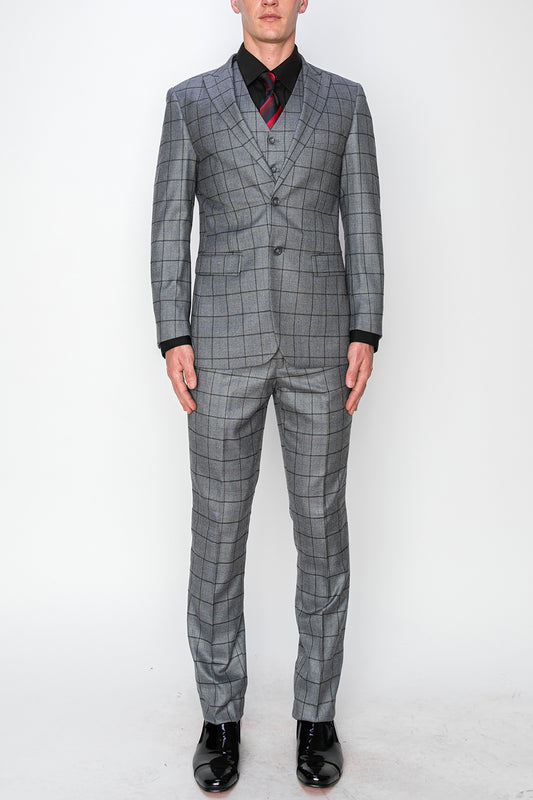 3 Piece Plaid Suit - Grey (150206)